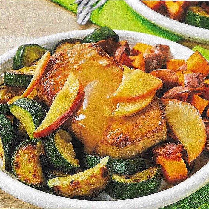 Skillet Apple Pork Chops with Roasted Sweet Potatoes & Zucchini