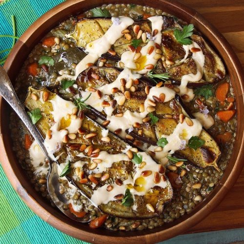 Roasted Eggplant With Tahini, Pine Nuts, and Lentils